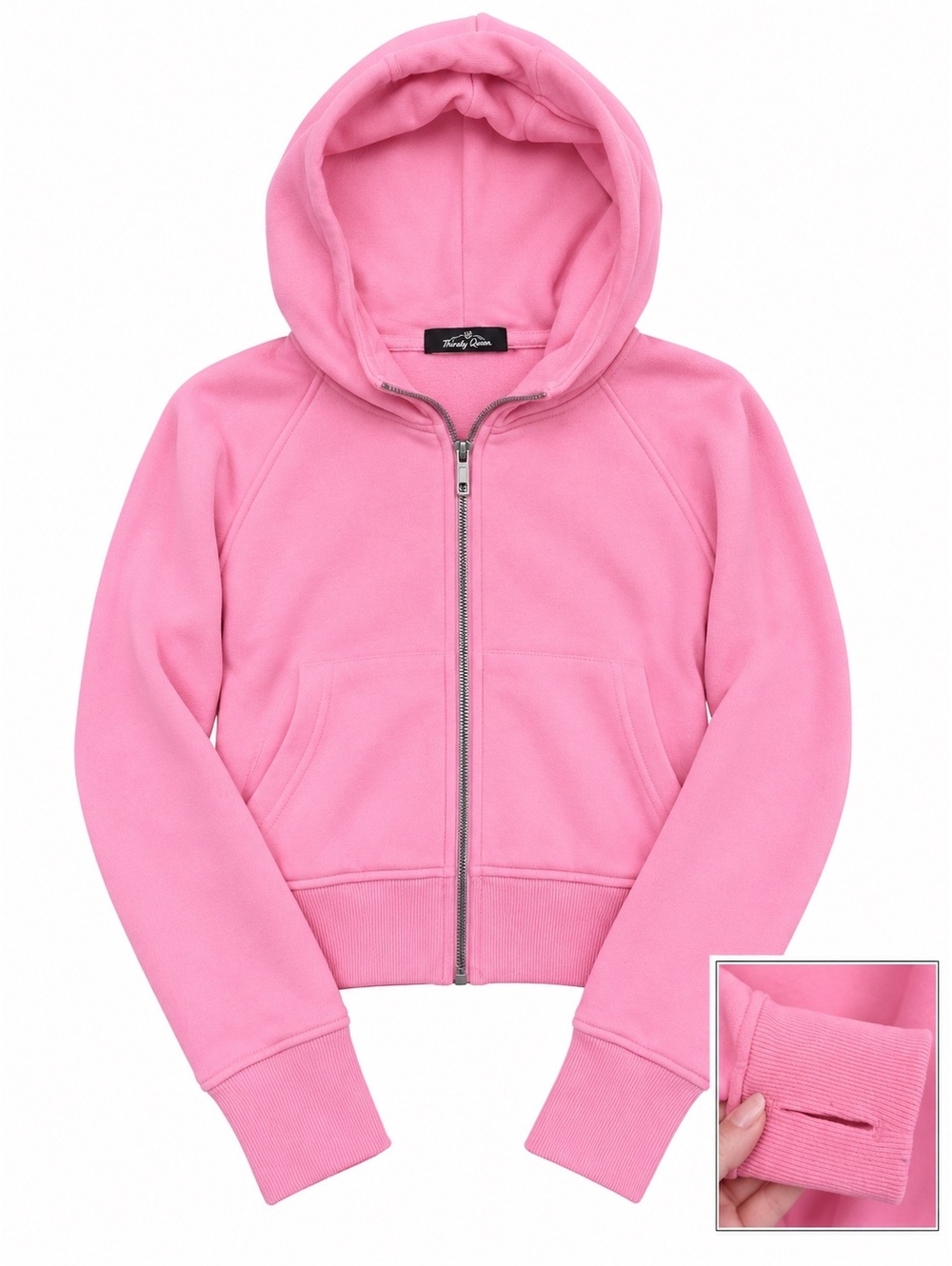 Trendy Queen Pink Full Zip Hoodie Sweatshirt with Thumb Holes, Size S